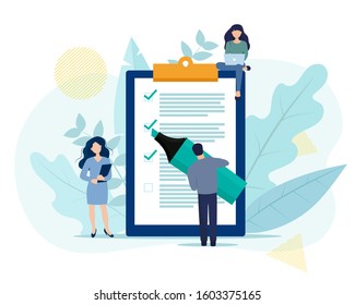 Concept of planning schedule for goal achievements. Three business people character mark completed tasks in to-do list. Man mark checklist using marker.