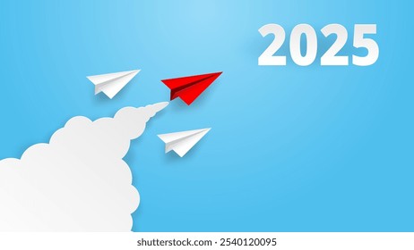 Concept for Planning Success Goals for 2025. Red Paper Plane Flying Toward Success in 2025. paper art style. vector. illustration.