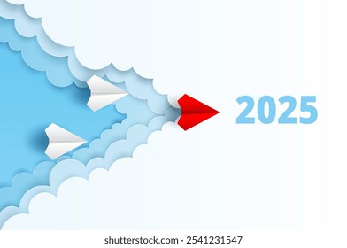 Concept for Planning Success Goals for 2025. Red Paper Plane Flying Toward Success in 2025. paper art style. vector. illustration.