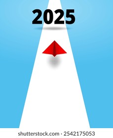 Concept for Planning Success Goals for 2025. Red Paper Plane Flying Toward Success in 2025. paper art style. vector. illustration.