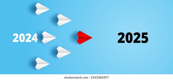 Concept for Planning Success Goals for 2025. Red Paper Plane Flying Toward Success in 2025. paper art style. vector. illustration.