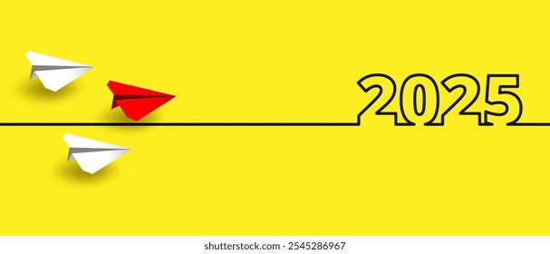 Concept for Planning Success Goals for 2025. Red Paper Plane Flying Toward Success in 2025. paper art style. vector. illustration.