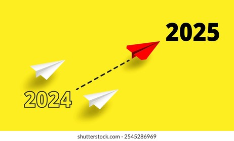 Concept for Planning Success Goals for 2025. Red Paper Plane Flying Toward Success in 2025. paper art style. vector. illustration.