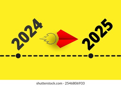 Concept for Planning Success Goals for 2025. Red Paper Plane Flying Toward Success in 2025. paper art style. vector. illustration.