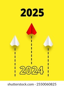 Concept for Planning Success Goals for 2025. Red Paper Plane Flying Toward Success in 2025. paper art style. vector. illustration.