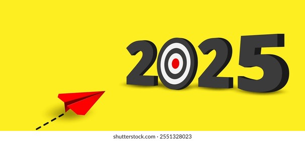 Konzept für die Planung der Erfolgsziele für 2025. Red Paper Plane Flying Toward Success im Jahr 2025. Vektor. Abbildung.