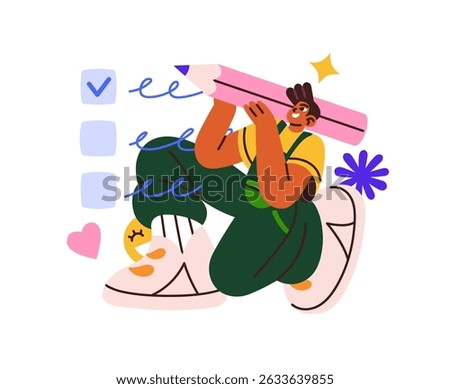 Concept of planning, time management. Person achieves aims, puts ticks in checkbox on task list. Business checklist, work schedule, timetable. Flat isolated vector illustration on white background