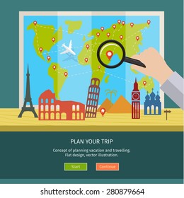 Concept of planning vacation. Colorful travel vector flat banner for your business, websites etc.