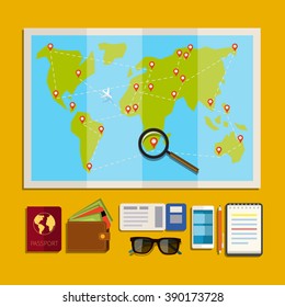 Concept of planning vacation. Preparation for travel, cell phone, money, passport, map on yellow background. Flat design, vector illustration.