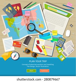 Concept of planning vacation and trip. Top view. Colorful travel vector flat banner for your business, websites etc.