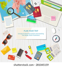 Concept of planning vacation and trip. Top view. Colorful travel vector flat banner for your business, websites etc.