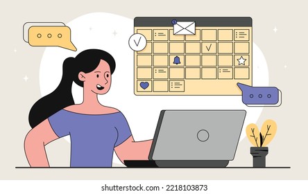 Concept of planning. Young girl sits at laptop and makes calendar, schedule. Modern technologies and digital world, gadgets and devices. Poster or banner for website. Cartoon flat vector illustration