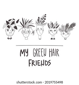 Concept plant lover illustration. People with plants on the head.
