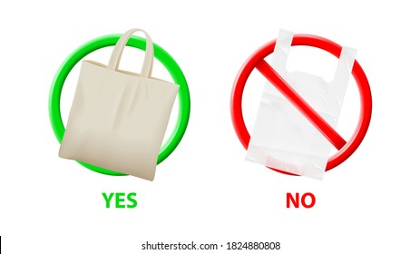 Concept of plastic and fabric bags. Design of eco symbols with realistic plastic and fabric bags isolated on white background. Vector illustration. Pollution problem concept.