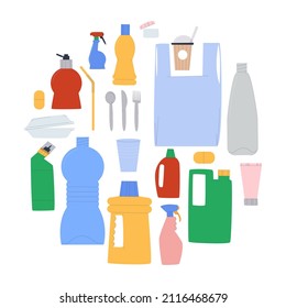 Concept of plastic pollution problem. Diverse plastic bottles, packages, disposable tableware on a white background. Flat vector illustration.