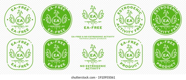 Concept for plastic products. Labeling - no estrogenic activity. The chemical flask icon with wings, EA abbreviation and a flowing ingredient line is a symbol of freedom. Vector set.