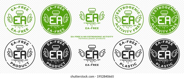 Concept for plastic products. Labeling - no estrogenic activity. A plastic EA bottle with wings and a flowing line - a symbol of freedom from estrogenic activity. Vector grouped elements.