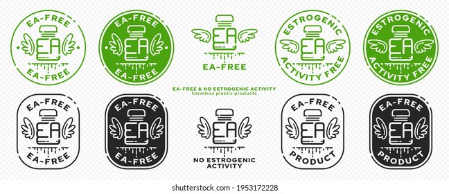 Concept for plastic products. Labeling - no estrogenic activity. A plastic EA bottle with wings and a flowing line - a symbol of freedom from estrogenic activity. Vector grouped elements.