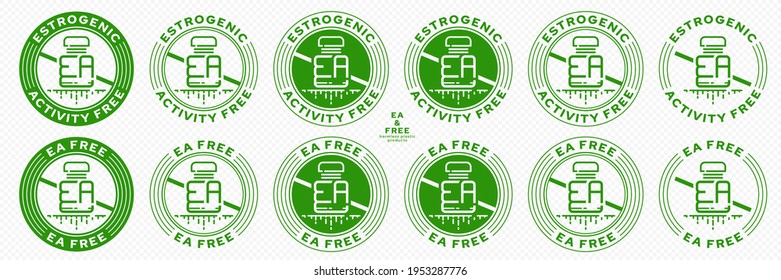 Concept for plastic products. Labeling - no estrogenic activity. The crossed out plastic EA bottle with a flowing line is a symbol of no estrogen activity. Vector grouped elements.