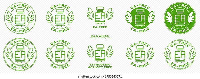 Concept for plastic products. Labeling - no estrogenic activity. A plastic EA bottle with wings and a flowing line - a symbol of freedom from estrogenic activity. Vector grouped elements.