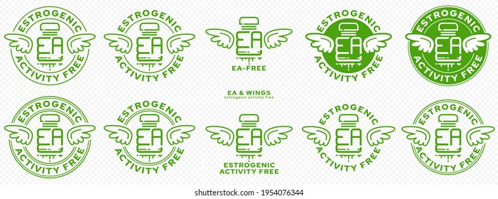 Concept for plastic products. Labeling - no estrogenic activity. A plastic EA bottle with wings and a flowing line - a symbol of freedom from estrogenic activity. Vector grouped elements.
