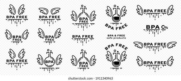 Concept for plastic products. Marking - no bisphenol A. Chemical flask icon with wings, BPA abbreviation and a line of flowing ingredient - a symbol of freedom. Vector set.