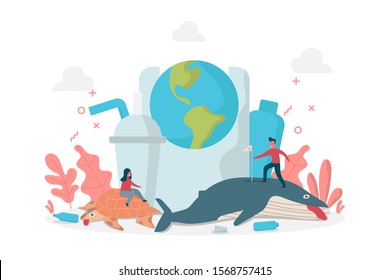 concept of plastics pollution environment effect to marine life with tiny people on whale and turtle, vector flat illustration for web, landing page, ui, banner, editorial, mobile app and flyer.