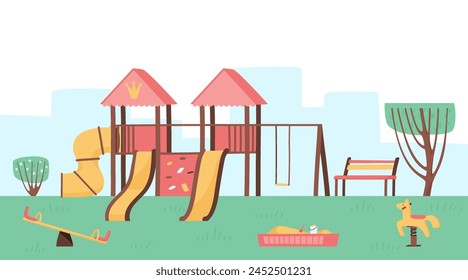 The concept of a play complex for a princess girl in the park. Fun games outside. Fun slides, sandbox and swings. Flat vector illustration