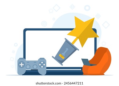 Concept Play games with gadgets, gamers, video games, esports. people play online games on PC, people play mobile games. Entertainment flat vector illustration on white background.