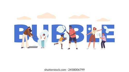 Concept With Playful People Characters Of Various Ages And Ethnicities Creating And Chasing Bubbles, Poster, Banner
