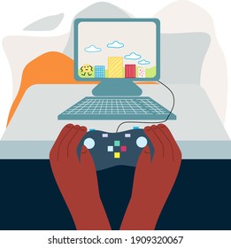 The concept of playing computer games, games on a computer with a joystick. Gaming with gamepad controller, holding joystick in hands