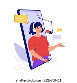 Concept of playing a podcast, broadcast, lecture in a mobile application. Young woman in headphones speaks live. Radio presenter, blogger. Flat isolated vector illustration.