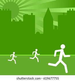 The concept of playing sports in a city. Residents are always somewhere in a hurry. On the green background of a metropolis.
