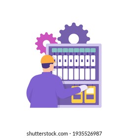the concept of a PLC programmer, instrumentation technician, electrical, automation engineer. a factory worker repairing or checking a control system or electronic device. flat style. vector design