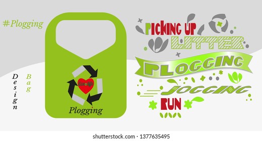 Concept of plogging - jogging with picking up litter. Healthy lifestyle and care for the environment. Bag with design logo of plogging. Mockup, vector illustration.