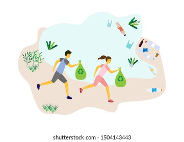 Concept plogging. Young people jog, collect garbage on the river, ocean. A girl and a guy run around with garbage bags, clean the nature of plastic and other waste. Flat vector illustration.