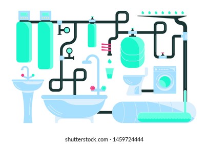 Concept of Plumbing Manifold System Tubing for house water distribution, control valves home water pipe. Flat Art Vector illustration