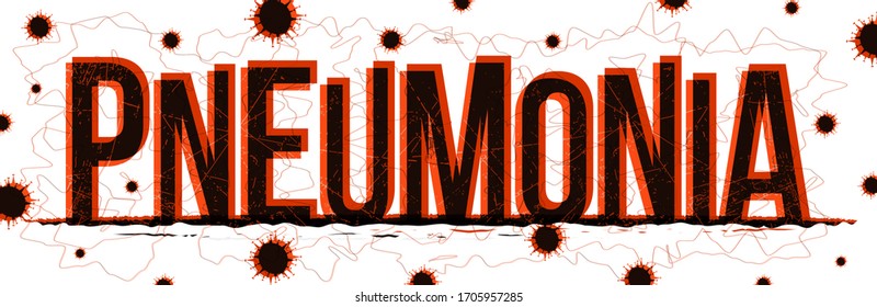 The concept of Pneumonia word. Red-black letters with icons of Coronavirus. Vector illustration.