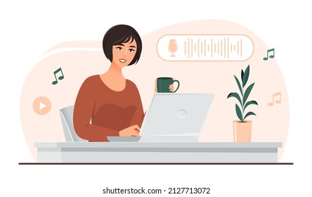 Concept of podcast. Girl with mug in her hand records or listens to voice messages, communication on Internet and social networks. Audio recording and courses. Cartoon flat vector illustration