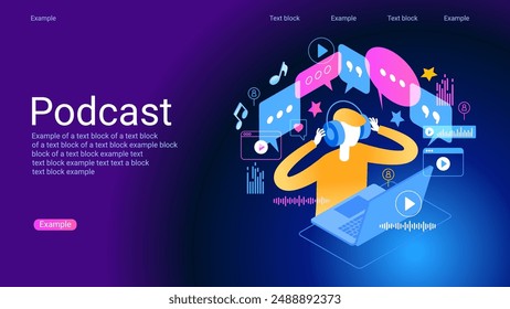 Concept of podcast, radio, broadcasting.. Icon composition with microphone, recording audio, listening talk or interview in mobile podcasting application. Streaming audio service