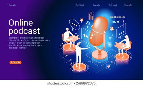 Concept of podcast, radio, broadcasting.. Icon composition with microphone, recording audio, listening talk or interview in mobile podcasting application. Streaming audio service