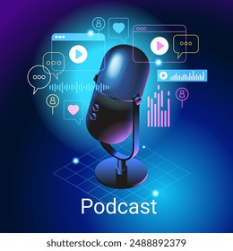 Concept of podcast, radio, broadcasting.. Icon composition with microphone, recording audio, listening talk or interview in mobile podcasting application. Streaming audio service