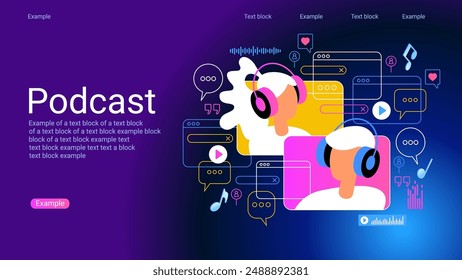 Concepto de podcast, radio, difusión.. Composición de iconos con micrófono, grabación de audio, charla de audición o entrevista en aplicación móvil de podcasting. Servicio de streaming de audio