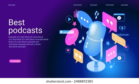 Concept of podcast, radio, broadcasting.. Icon composition with microphone, recording audio, listening talk or interview in mobile podcasting application. Streaming audio service