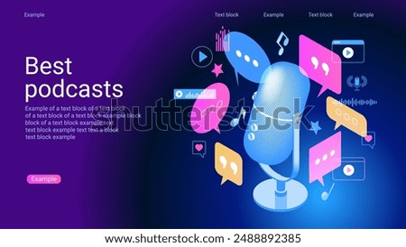 Concept of podcast, radio, broadcasting.. Icon composition with microphone, recording audio, listening talk or interview in mobile podcasting application. Streaming audio service