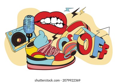 Concept Of Podcast. Retro Style Posters And Banners, Vintage, 70s, 80s, 90s. Recording And Listening, Broadcasting, Online Radio. Mouth, Microphone, Text, Symbol. Cartoon Flat Vector Illustration