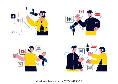 Concept Podcast streaming with people four scenes in the flat cartoon style. Different people record interesting podcasts on the radio. Vector illustration.