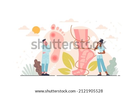 Concept of podiatry. Doctors stand against background of images of legs. Pain points, muscle and bone problems. Posture and flat feet. Scientific and medical research. Cartoon flat vector illustration Zdjęcia stock © 