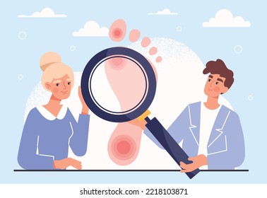 Concepto de podiatría. Hombre y mujer con lupa de vidrio mira el talón. Biología y anatomía, afiche médico o banner para el sitio web, atención médica y tratamiento. Dibujo vectorial plano de dibujos animados