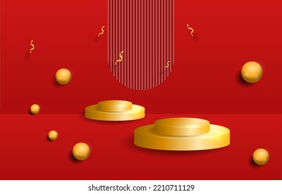 Konzept-Podest-Rot und Gold auf rotem Hintergrund